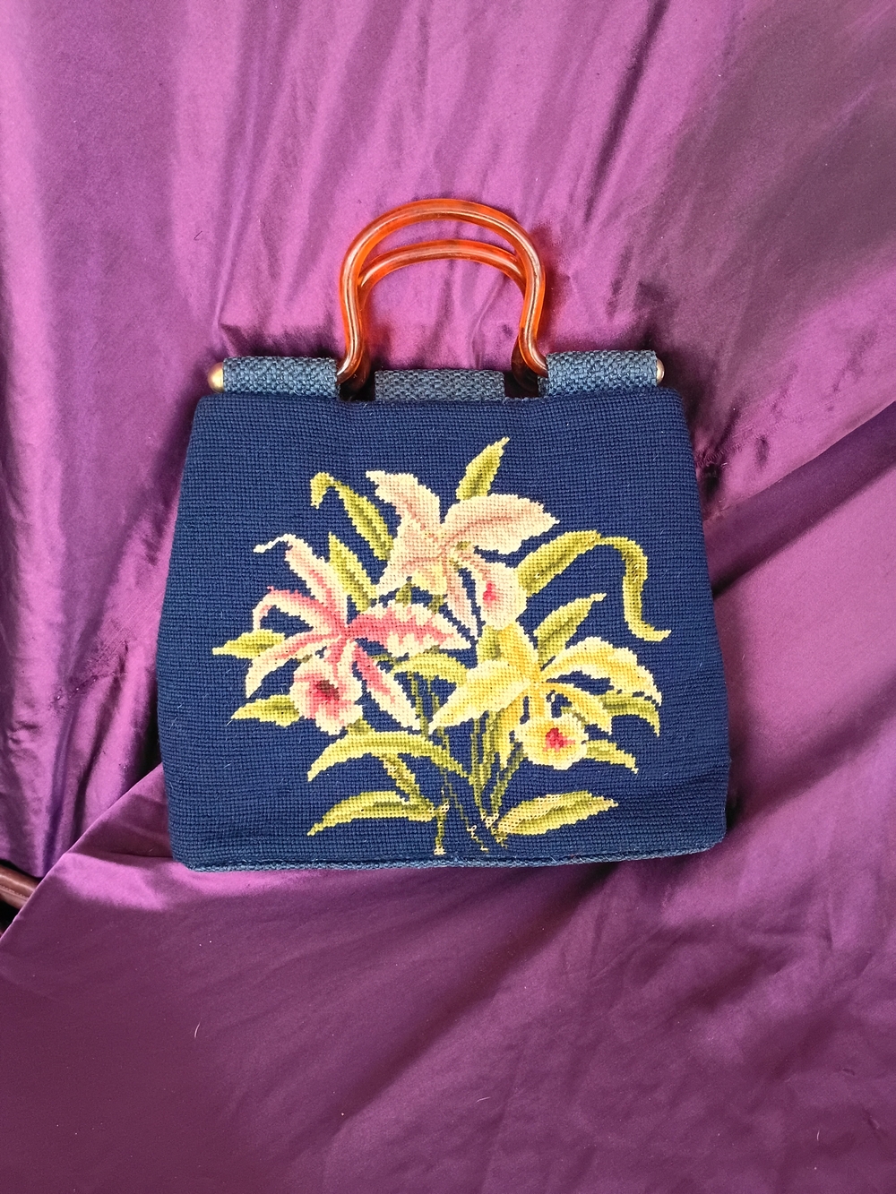 Navy Floral Needlepoint Satchel with Amber Handles